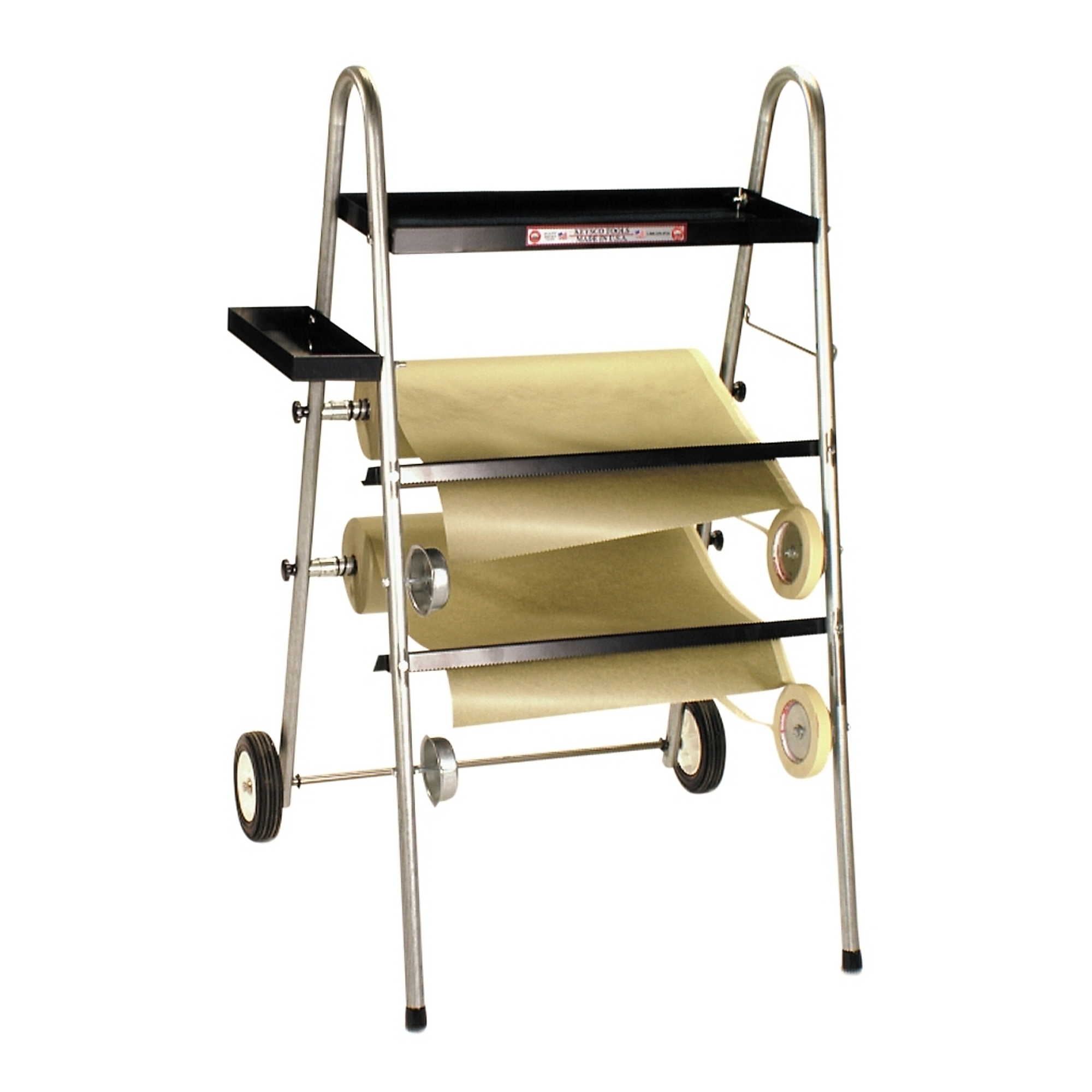 Keysco Mobile Masking paper dispenser — Easily aligns tape with edge of paper for autobody prep, Holds 18in. Rolls, Dual Paper Bars, Tool Trays, Model# 78004